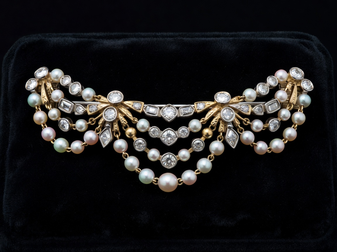 Antique French diamond and natural pearl garland brooch set in platinum and 18 karat yellow gold on velvet display
