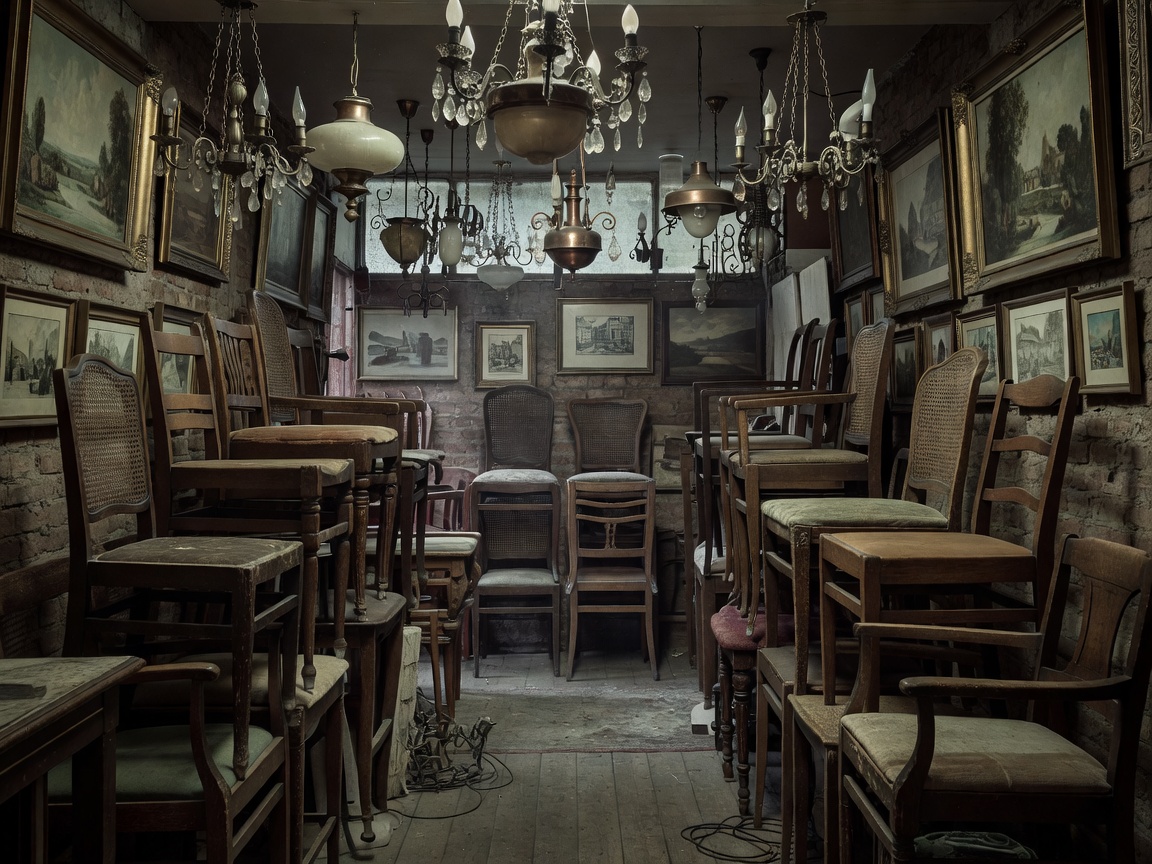 Atmospheric antique shop at Les Puces de Paris Saint-Ouen with vintage chairs, lamps and artworks