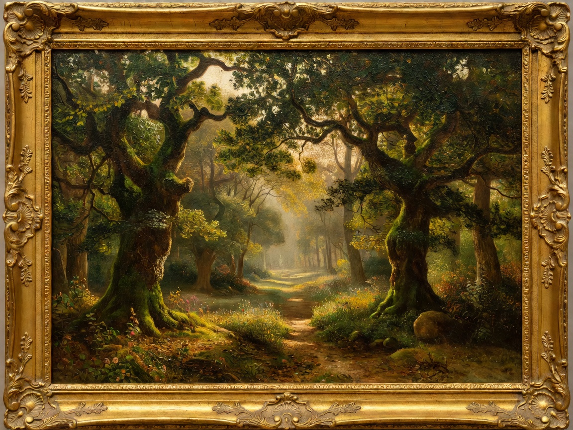 Classic French landscape oil painting depicting the Fontainebleau forest in a heavy antique gilt frame