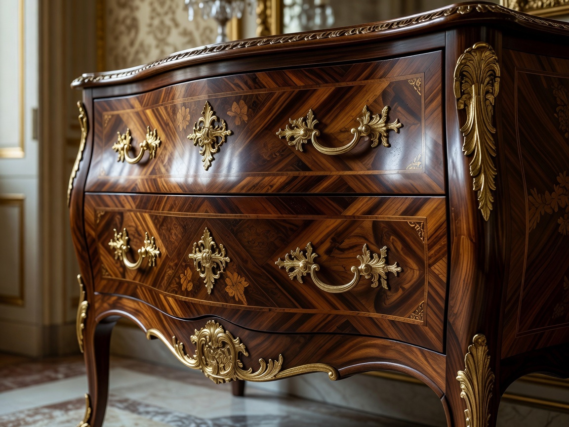 Close up of a French Rococo Louis XV commode with curving drawers and gilded handles