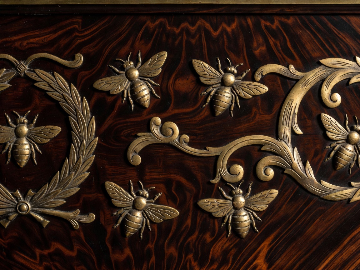 Detail of Napoleonic Empire era brass appliques and dark flame mahogany woodwork