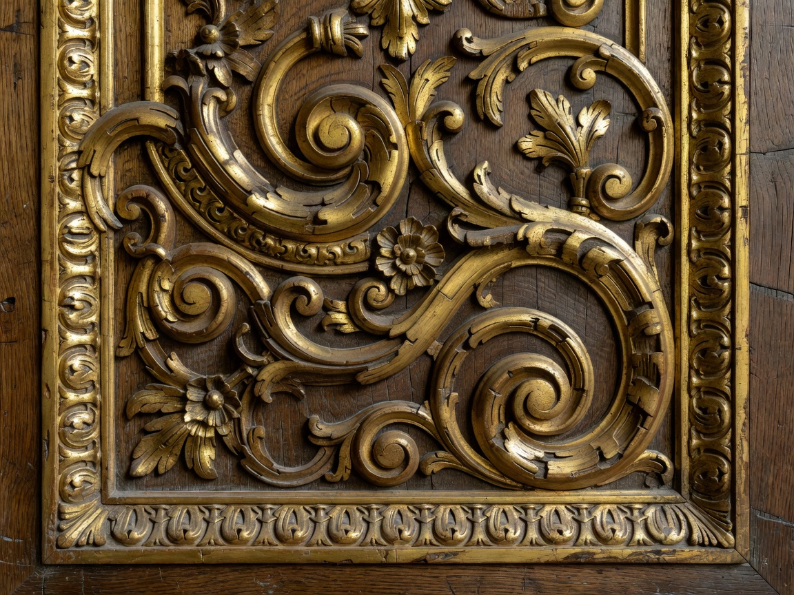 Detailed close up of French wood carving and antique gold gilding on an ancient wall boiserie panel