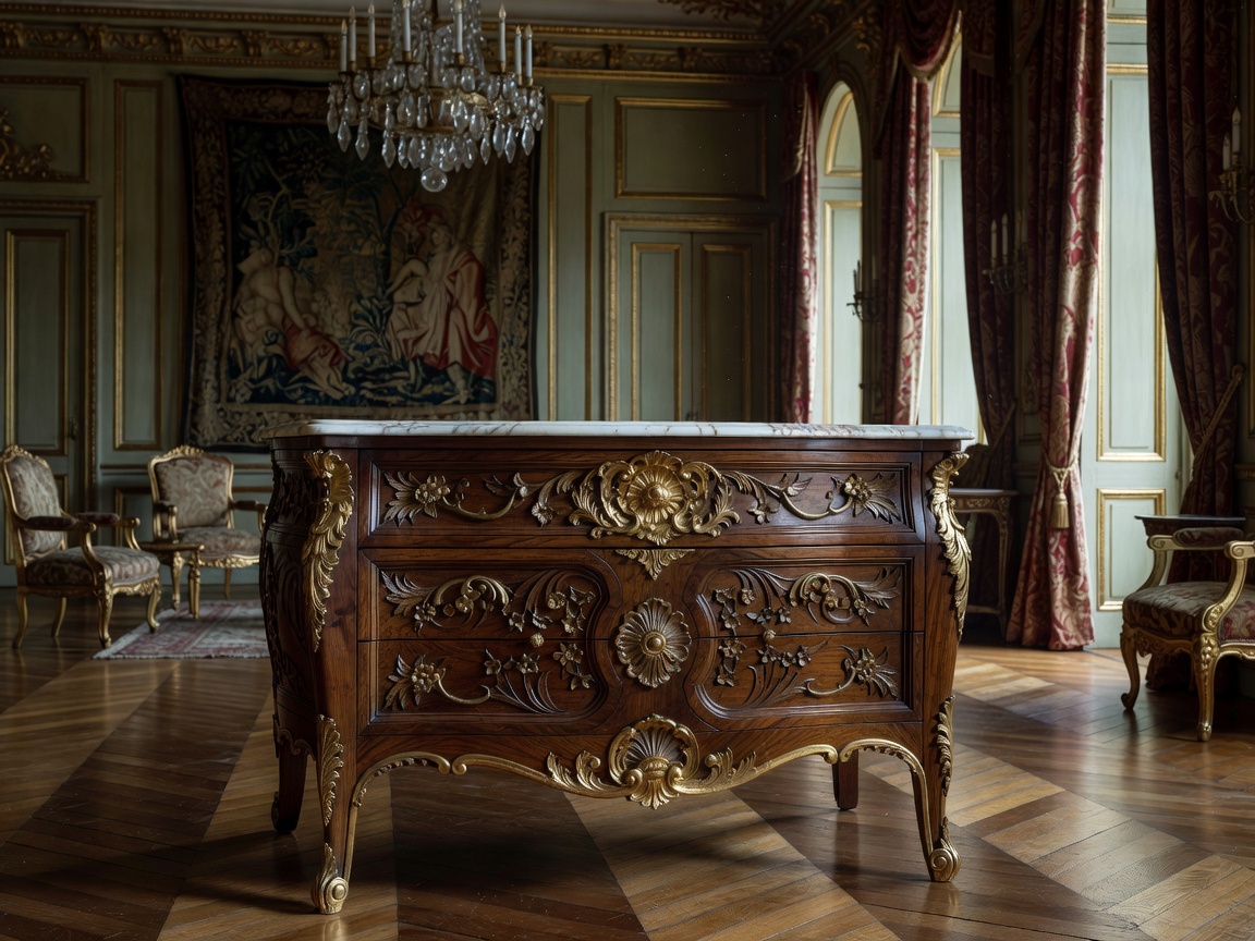 Exquisite French 18th-century carved wood commode with ormolu mounts and marble top in an antique salon