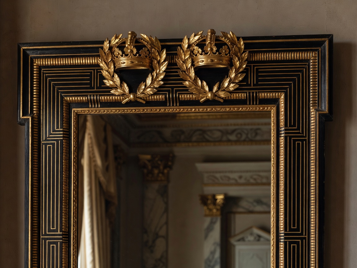 Louis XVI style classical mirror with laurel crowns and linear neoclassical gold leaf carvings