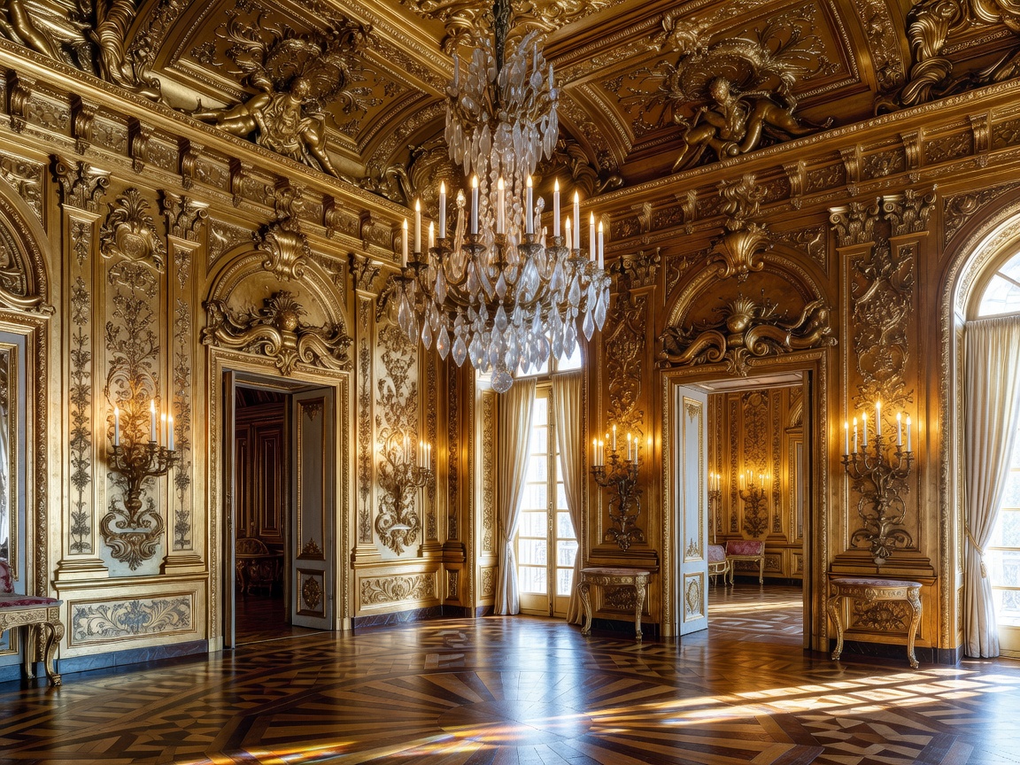 Opulent Baroque French gilded interior with intricate boiserie and crystal chandelier
