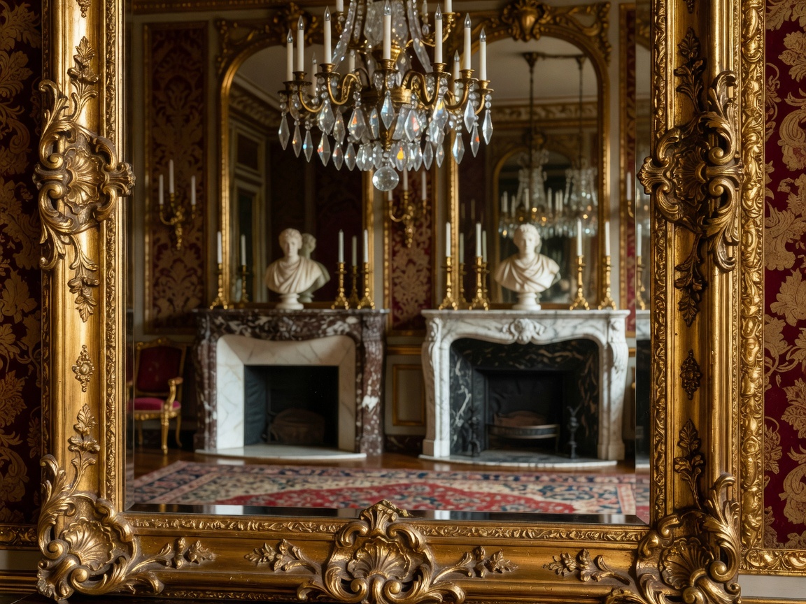 Ornate gilded antique French mirror reflecting an opulent interior with marble fireplaces and vintage chandelier