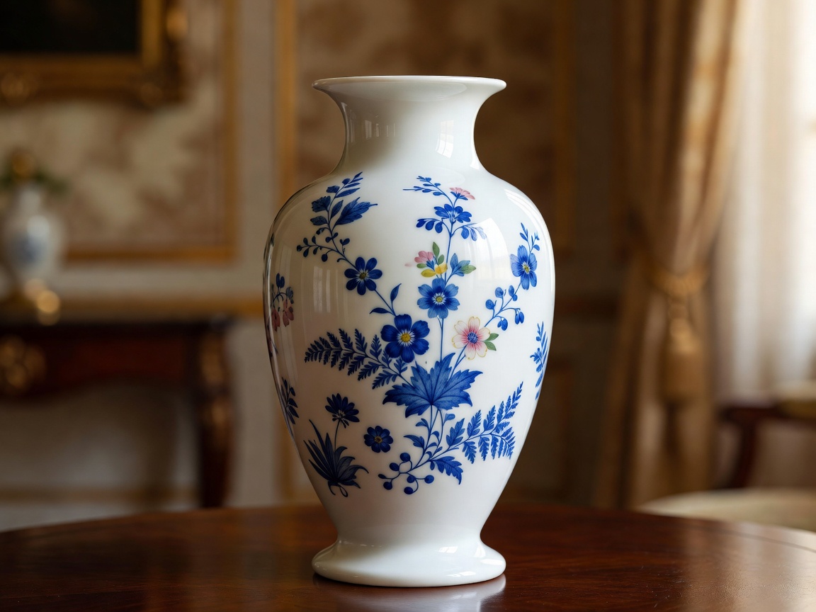 Refined French antique porcelain vase with intricate cobalt blue and hand-painted miniature botanical illustrations