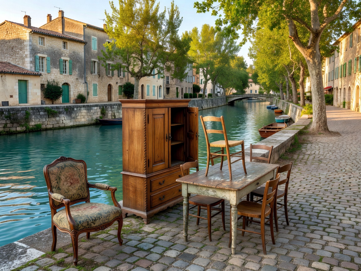 Scenic canal in L'Isle-sur-la-Sorgue Provence with antique furniture displayed along the water's edge