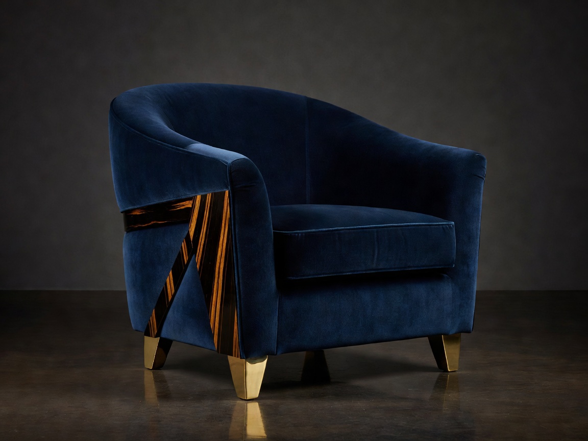Sculptural French Art Deco velvet armchair with macassar ebony wooden accents and polished brass feet