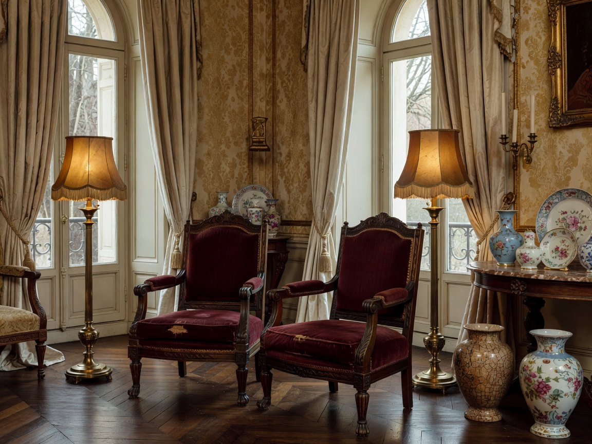 Vintage Parisian salon setting with antique armchairs, vintage lamps and decorative ceramics